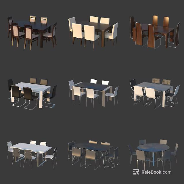 Assorted Modern Dining Table Sets Featuring Wooden Metal Frames and Colorful Chairs 3d model