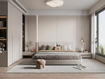 Modern Bedroom Interior Design With Bed Headboard Pillows Area Rug And Large Window 3d model