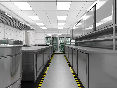 Commercial Catering Kitchen Featuring Stainless Steel Countertops Storage Cabinets And Yellow Striped Floor 3d model