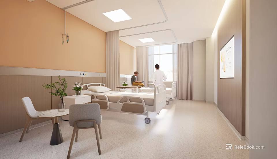 Spacious Modern Hospital Ward Interior With Two Beds Medical Staff And Natural Light 3d model 