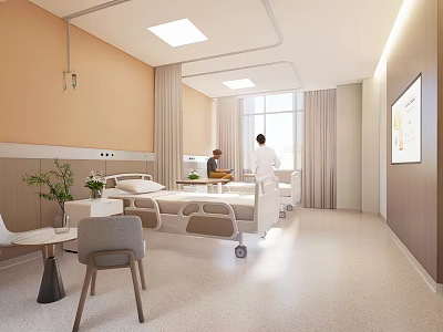 Spacious Modern Hospital Ward Interior With Two Beds Medical Staff And Natural Light 3d model
