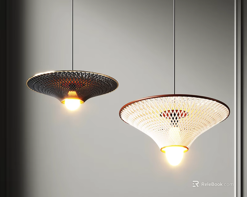 Two Modern Illuminated Pendant Lights With Perforated Shades Hanging In Light Gray Room 3d model 