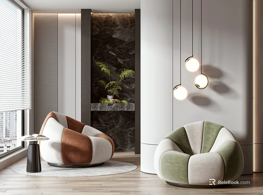Modern Single Sofa With Color Block Design Marble Wall Hanging Lights And Indoor Plant 3d model 