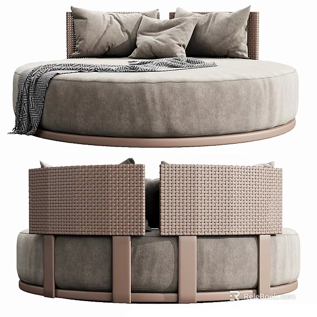 Stylish Round Bed With Cushions And Blanket 3d model