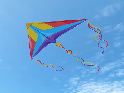Colorful Triangular Kite Flying High in Blue Sky with Long Colorful Streamers 3d model