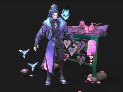 Stylish Man In Purple Blue Outfit With Blue Butterflies Pink Petals Heart Shapes Green Table 3d model