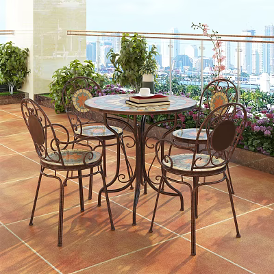 Wrought Iron Outdoor Table with Four Chairs on Patio Tile Floor and City View 3d model