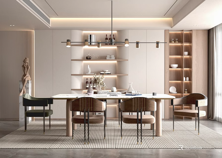 Elegant Modern Restaurant Interior With Open Dining Table Hanging Lights And Decorative Shelves 3d model