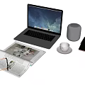 Modern Laptop Workspace With Smart Speaker Phone Coffee Mug And Open Magazine