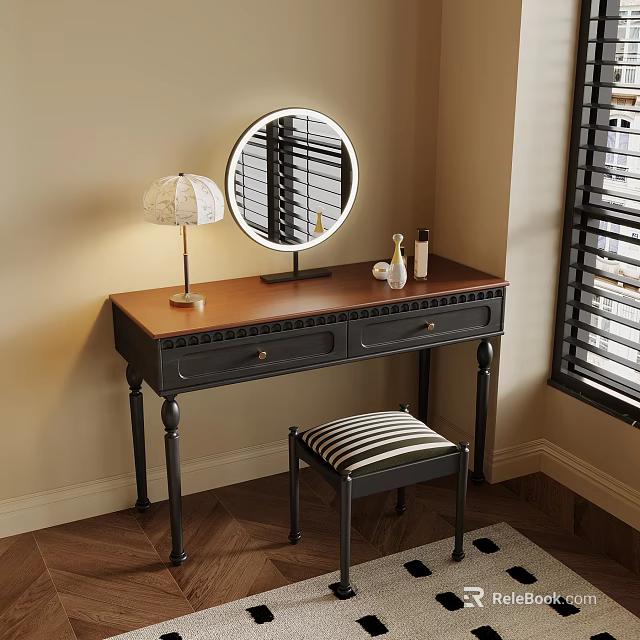 Stylish Dressing Table With Wooden Top Black Drawers Round Mirror Table Lamp And Striped Stool 3d model 