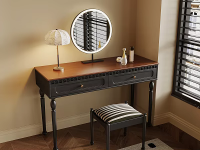 Stylish Dressing Table With Wooden Top Black Drawers Round Mirror Table Lamp And Striped Stool 3d model
