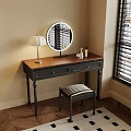 Stylish Dressing Table With Wooden Top Black Drawers Round Mirror Table Lamp And Striped Stool