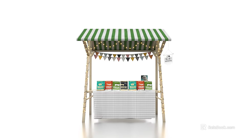 Green And White Striped Awning Market Stall With Bunting Flags Colorful Packages On White Mesh 3d model 