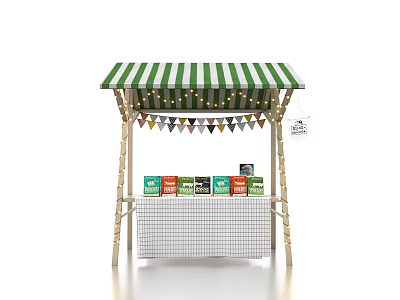 Green And White Striped Awning Market Stall With Bunting Flags Colorful Packages On White Mesh 3d model