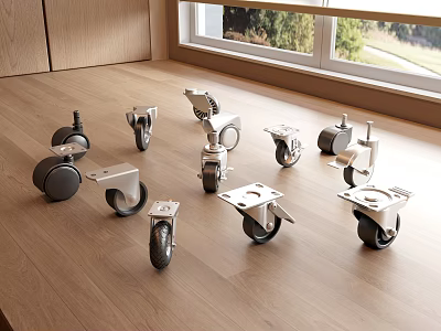Various Metal Caster Wheels On Wooden Table With Different Styles And Window View 3d model