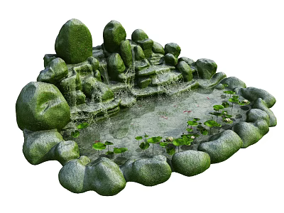Garden Ornament Featuring Rockery Waterfall Pond With Lotus Leaves And Water Lilies 3d model