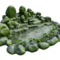 Garden Ornament Featuring Rockery Waterfall Pond With Lotus Leaves And Water Lilies
