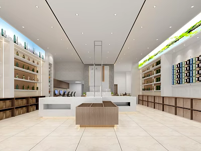 Modern Exhibition Hall Interior With Display Shelves Central Counter And Warm Lighting Decor 3d model
