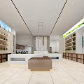 Modern Exhibition Hall Interior With Display Shelves Central Counter And Warm Lighting Decor