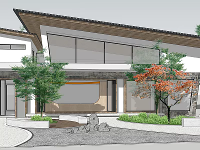 Visitor Center Featuring Modern Architectural Design Large Windows Surrounding Trees And Landscape Elements 3d model