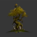 Cartoon Scene With Curved Trunk Tree Featuring Yellow Leaves Stones And Green Grass