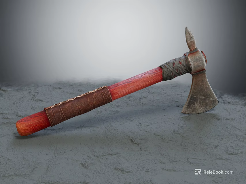 Vintage Handcrafted Axe With Red Wooden Handle And Leather Wrapped Grip 3d model 