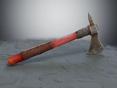 Vintage Handcrafted Axe With Red Wooden Handle And Leather Wrapped Grip 3d model