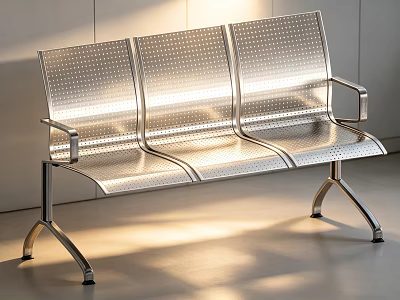 Modern Three Seat Stainless Steel Public Chair With Perforated Backrest And Armrests 3d model