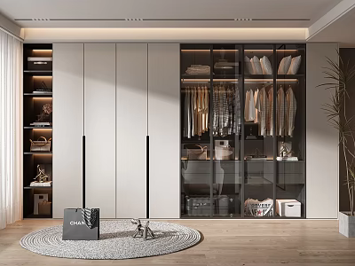 Modern Wardrobe Design With Glass Doors Hanging Space And Storage Compartments 3d model