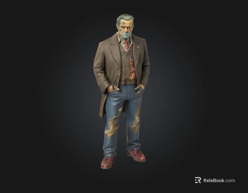 Elderly Man With Beard In Brown Trench Coat Vest Tie And Stained Blue Pants 3d model 