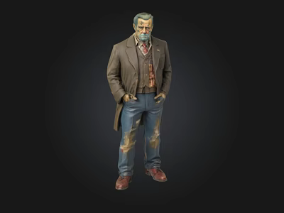 Elderly Man With Beard In Brown Trench Coat Vest Tie And Stained Blue Pants 3d model