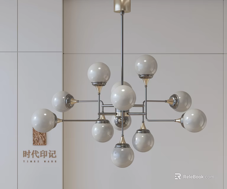 Modern Sphere Chandelier With White Ceramic Balls Gold Metal Frame And Geometric Structure 3d model 