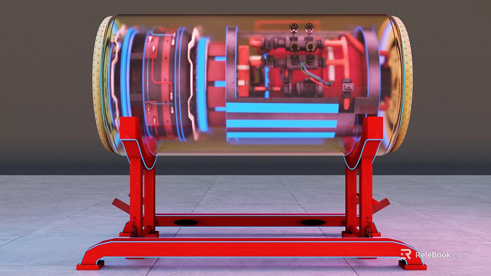 Transparent Cylindrical Mechanical Device With Internal Red Blue Components And Red Support Frame 3d model 