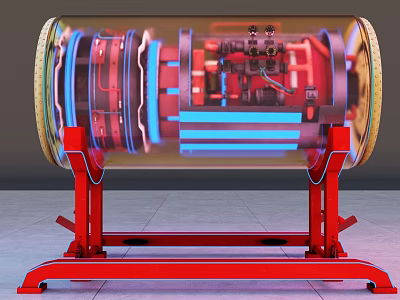 Transparent Cylindrical Mechanical Device With Internal Red Blue Components And Red Support Frame 3d model