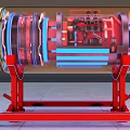 Transparent Cylindrical Mechanical Device With Internal Red Blue Components And Red Support Frame