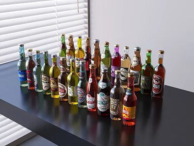 Assorted Beverage Bottles In Various Colors And Shapes On Black Table By Window With Blinds 3d model