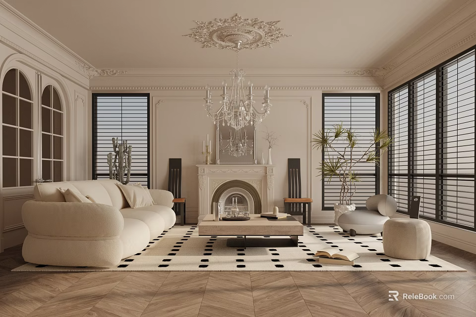 Elegant Living Room Interior With Chandelier Fireplace White Sofa Checkered Rug And Wooden Floor 3d model 