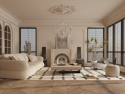 Elegant Living Room Interior With Chandelier Fireplace White Sofa Checkered Rug And Wooden Floor 3d model