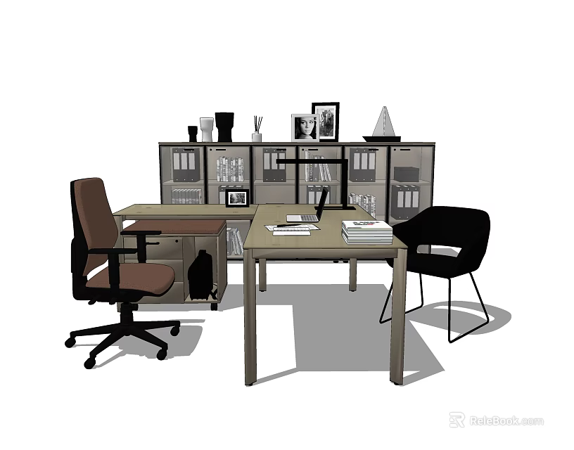 Modern Office Desk Setup With File Cabinets Chairs And Decorative Items 3d model