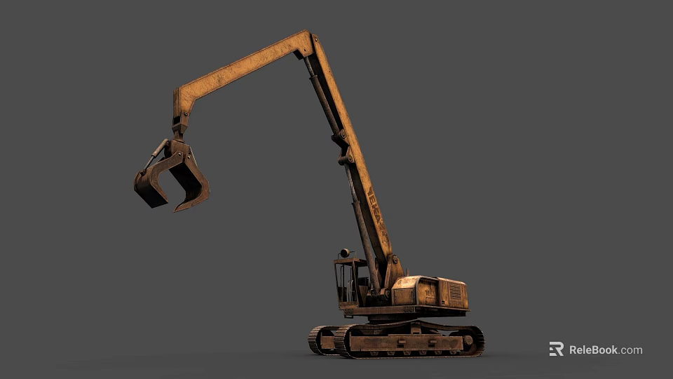 Rusty Crawler Excavator With Long Arm And Bucket On Gray Background 3d model 