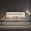 Modern Double Bed with White Leather Headboard City View Table Lamp and Brown Blanket