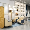 Bridal Shop Interior with Wedding Dress Displays Sofa Green Plants and Wall