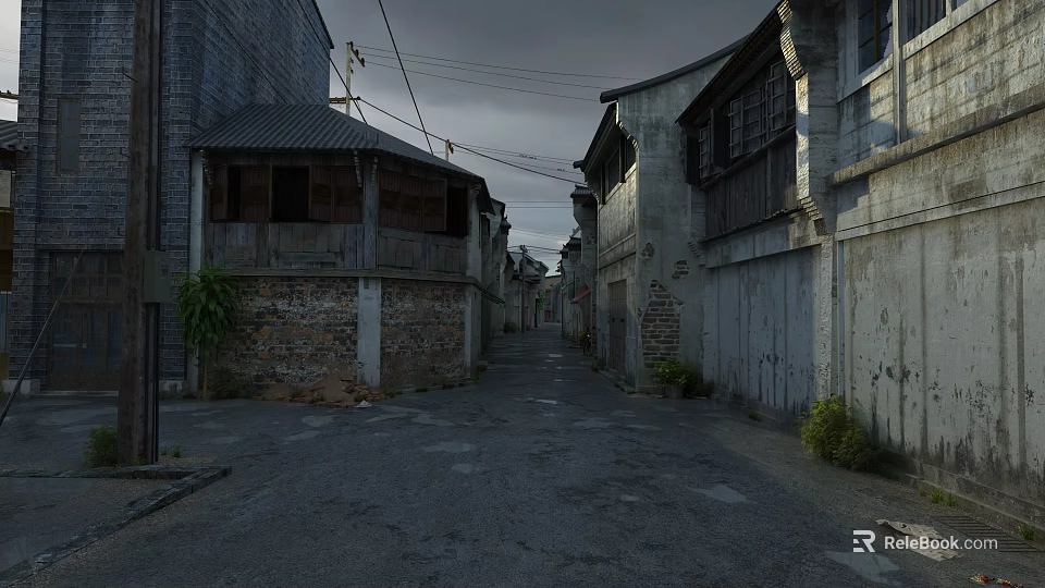 Historic Commercial Street with Old Style Buildings Dark Roofs Overhead Wires and Stone Paved Road 3d model 