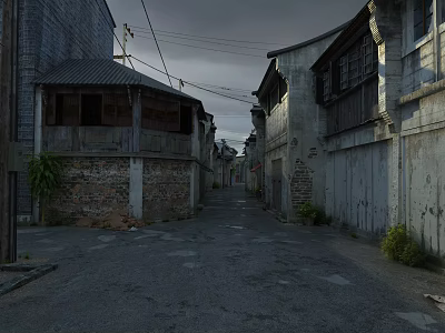 Historic Commercial Street with Old Style Buildings Dark Roofs Overhead Wires and Stone Paved Road 3d model