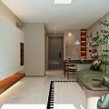 Warm Elegant Open Living And Dining Room With Green Leather Sofa And Classic Wooden Furniture