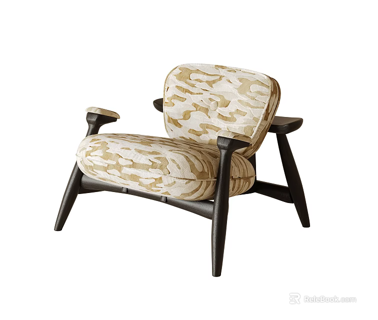 Modern Single Seater Sofa With Beige Camouflage Pattern Upholstery And Dark Wooden Armrests 3d model 