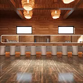 Modern Public Restroom With Wooden Walls Cubicles Sinks And Mirrors