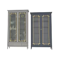 White And Navy Blue Display Cabinet With Glass Doors Gold Accents And Decorative Items