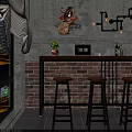 Wooden Bar Counter Featuring Black Metal Frame Stools Laptop Coffee Cups and Green Plant