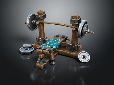 Wooden Frame Fitness Bench Press With Metal Weight Plates And Green Padded Seat 3d model